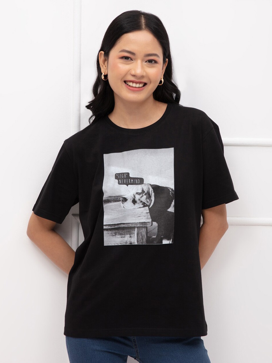 

20Dresses Women Black Printed Oversized T-shirt