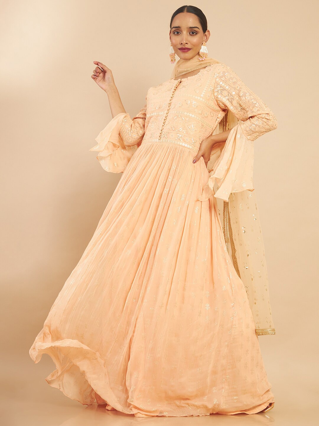 

Soch Peach-Coloured & wheat Georgette Ethnic Maxi Dress