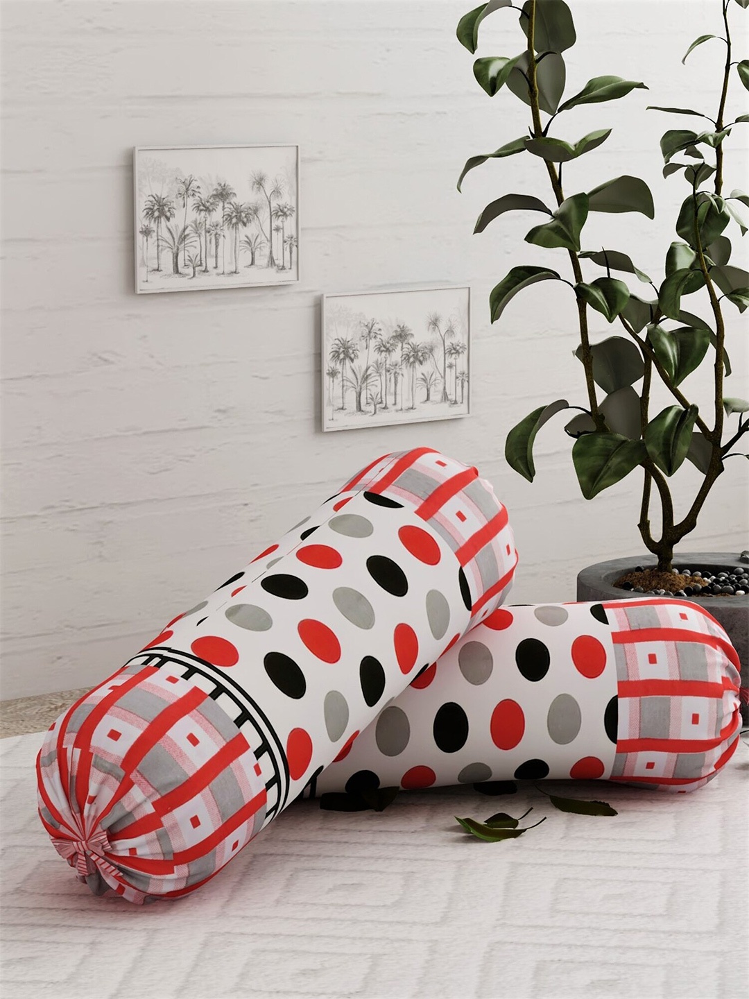 

Salona Bichona Set of 2 Large Polka Dots & Geometric Print Bolster Covers, White
