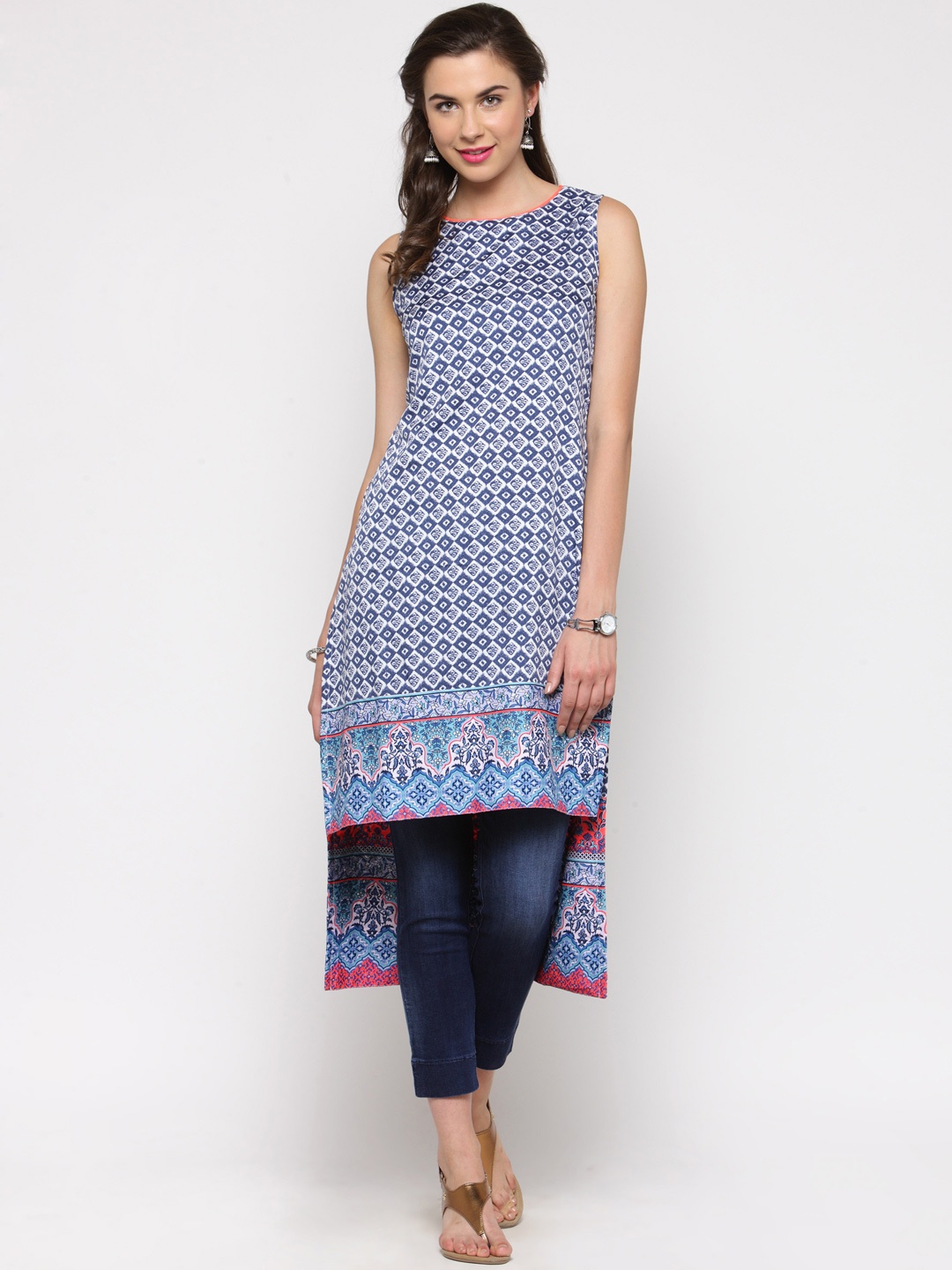 

Sera Women White & Blue Printed Straight Kurta