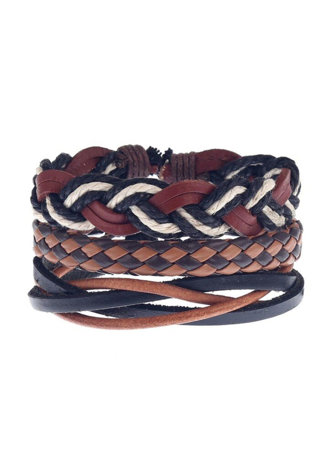

OOMPH Men Set of 4 Black & Brown Braided Leather Wraparound Bracelets
