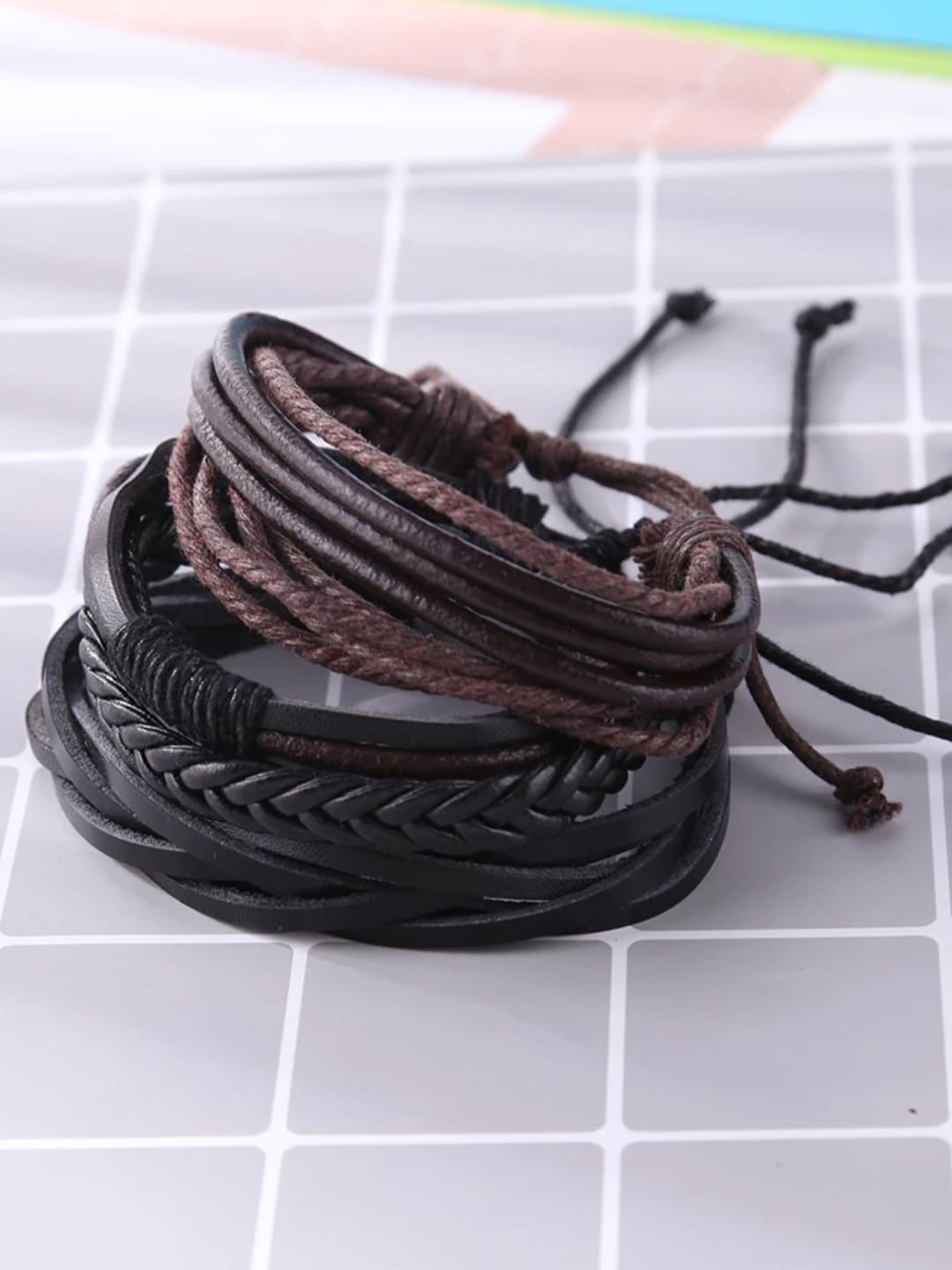 

OOMPH Men Set Of 3 Braided Wrap Around Bracelets, Black