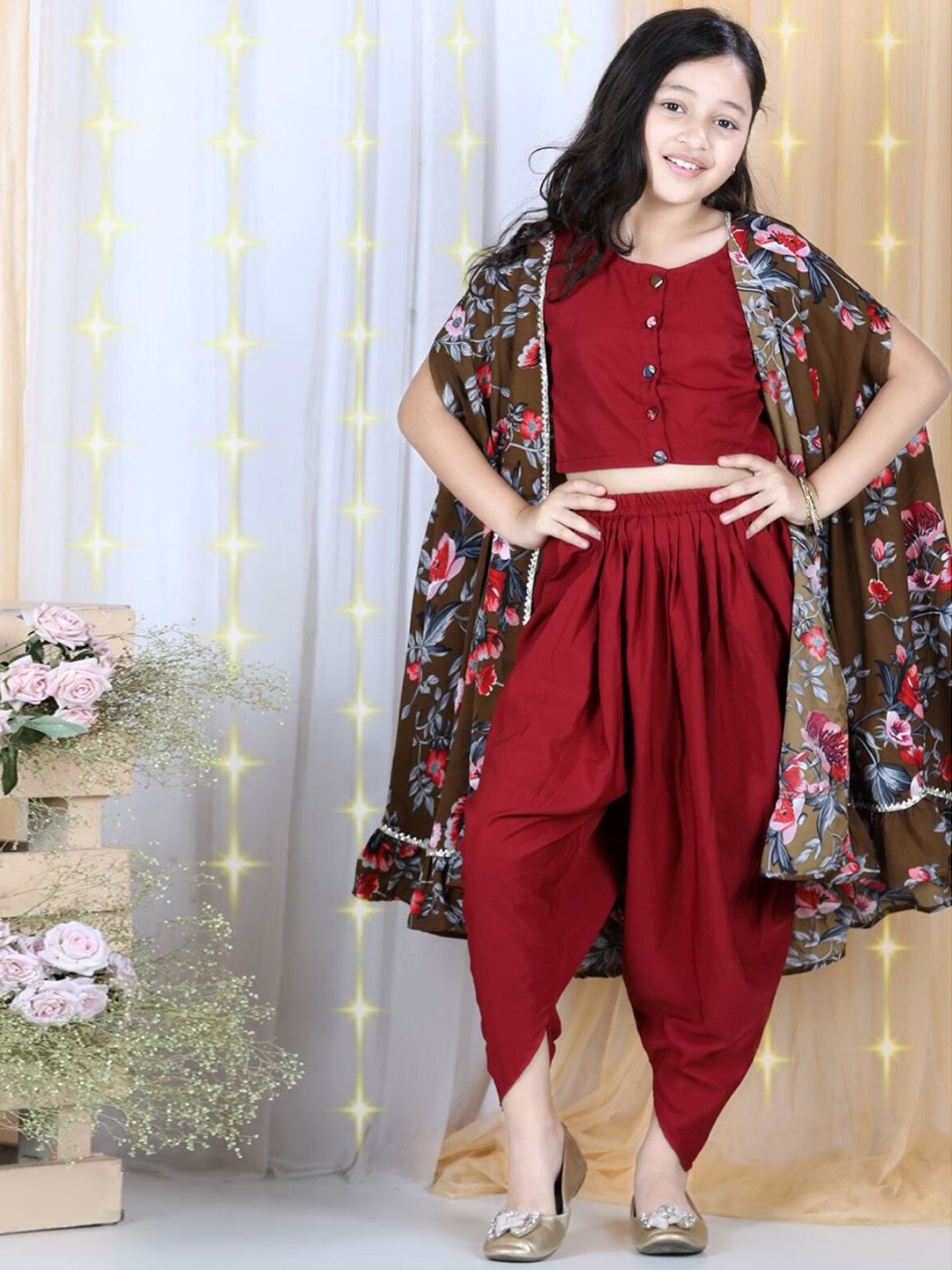 

Cutiekins Girls Maroon Top with Dhoti Pants & Cape Set