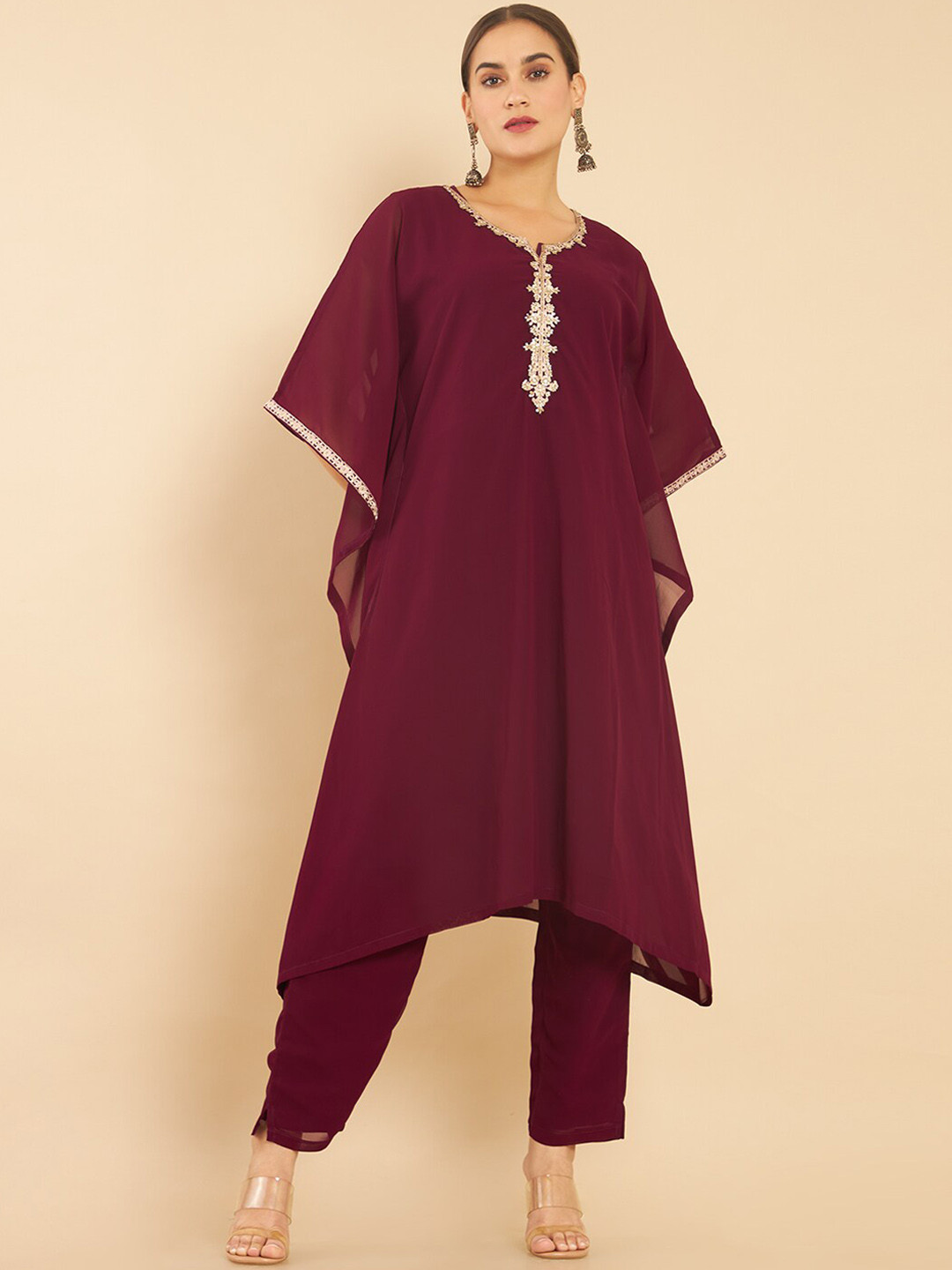 

Soch Women Maroon Embroidered Kaftan Style Kurta with Trousers