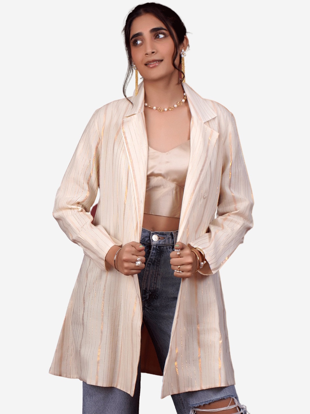 

Alaya By Stage3 Women White Striped Single Breasted Pure Cotton Blazers