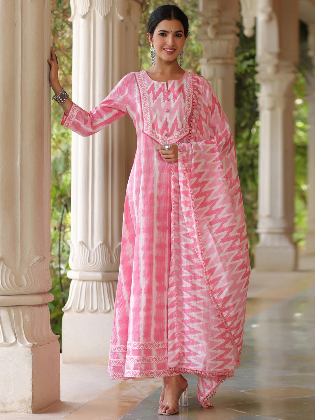 

PIROH Women Pink Lurex Cotton Stripe Print Flared Gown with Mulmul Dupatta