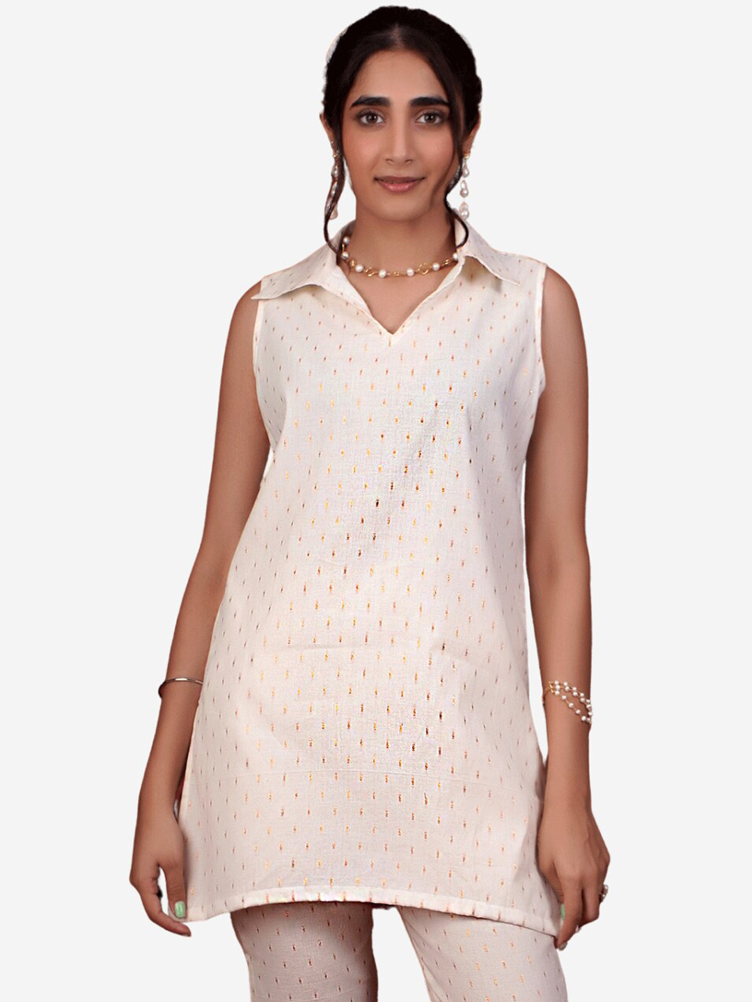

Alaya By Stage3 White Geometric Woven Design Shirt Collar Pure Cotton Kurti