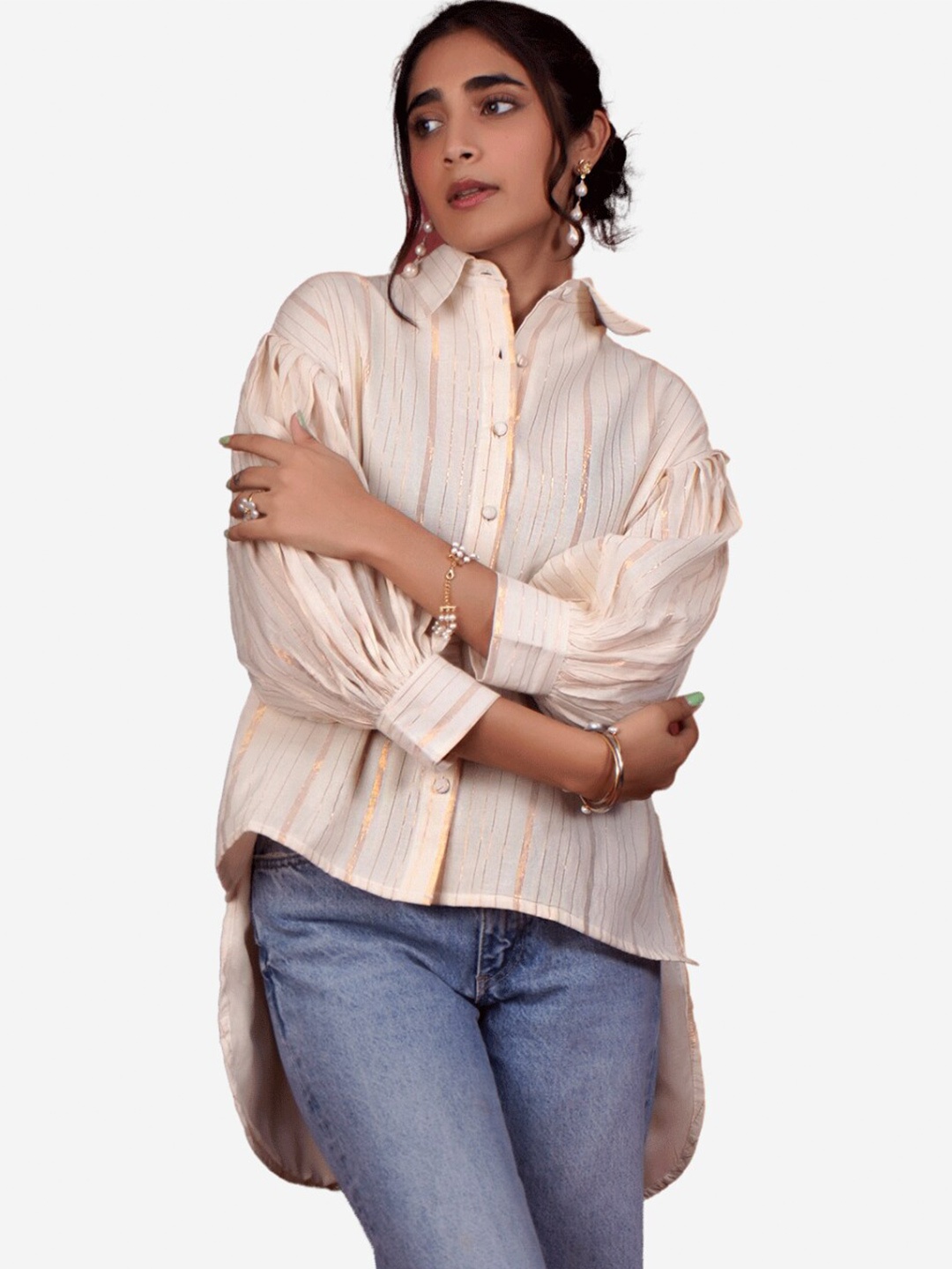

Alaya By Stage3 White & Gold-Toned Striped Top