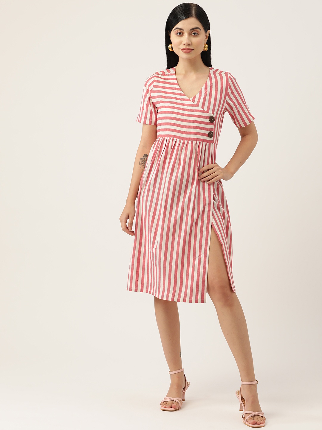 

FABNEST Red & White Striped Midi Dress With Slit