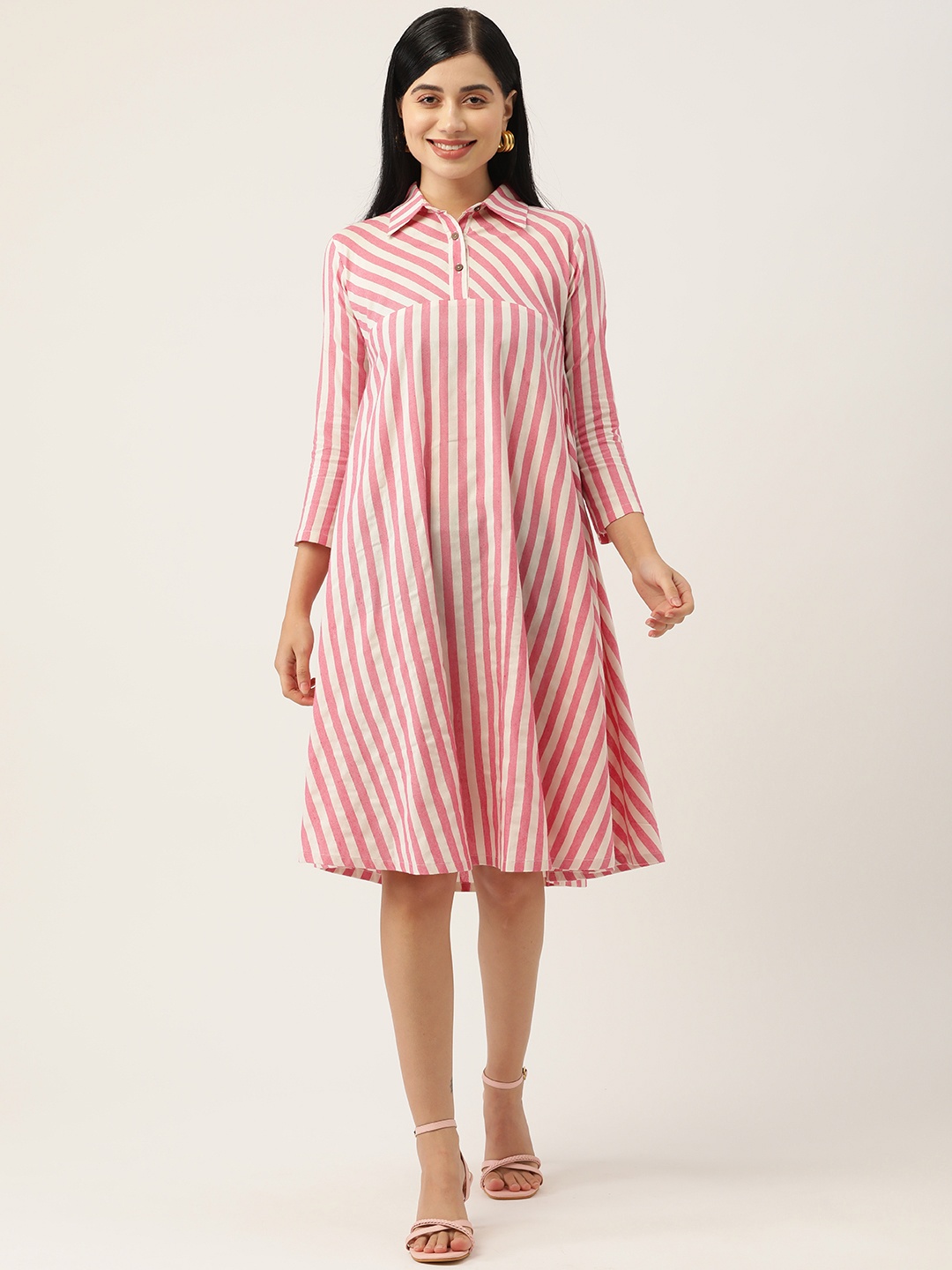 

FABNEST Red & Off White Striped A-Line Cotton Dress