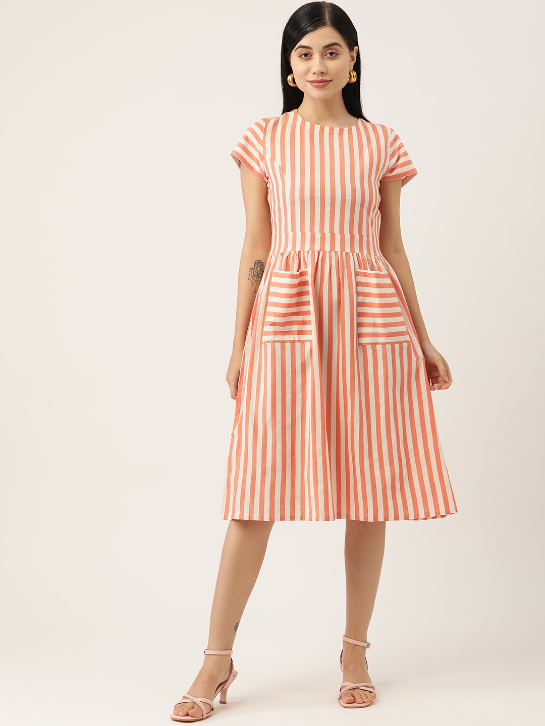 

FABNEST Orange & Off White Striped Cotton Dress