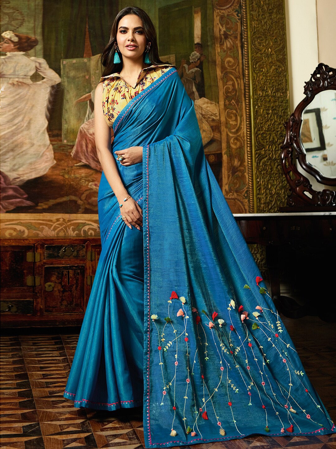 

Shaily Blue & Yellow Floral Embroidered & Embellished Silk Blend Saree