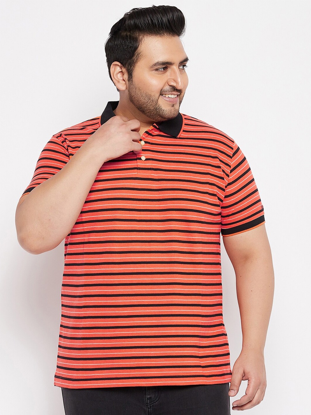 

bigbanana Men Plus Size Orange Striped Polo Collar T-shirt