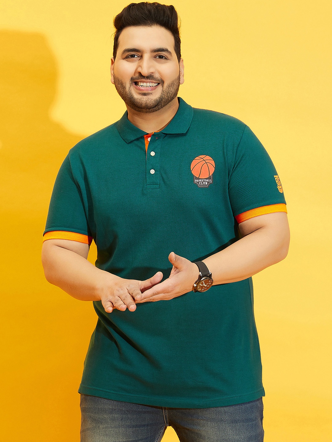 

bigbanana Men Plus Size Teal Blue Polo Collar Cotton T-shirt