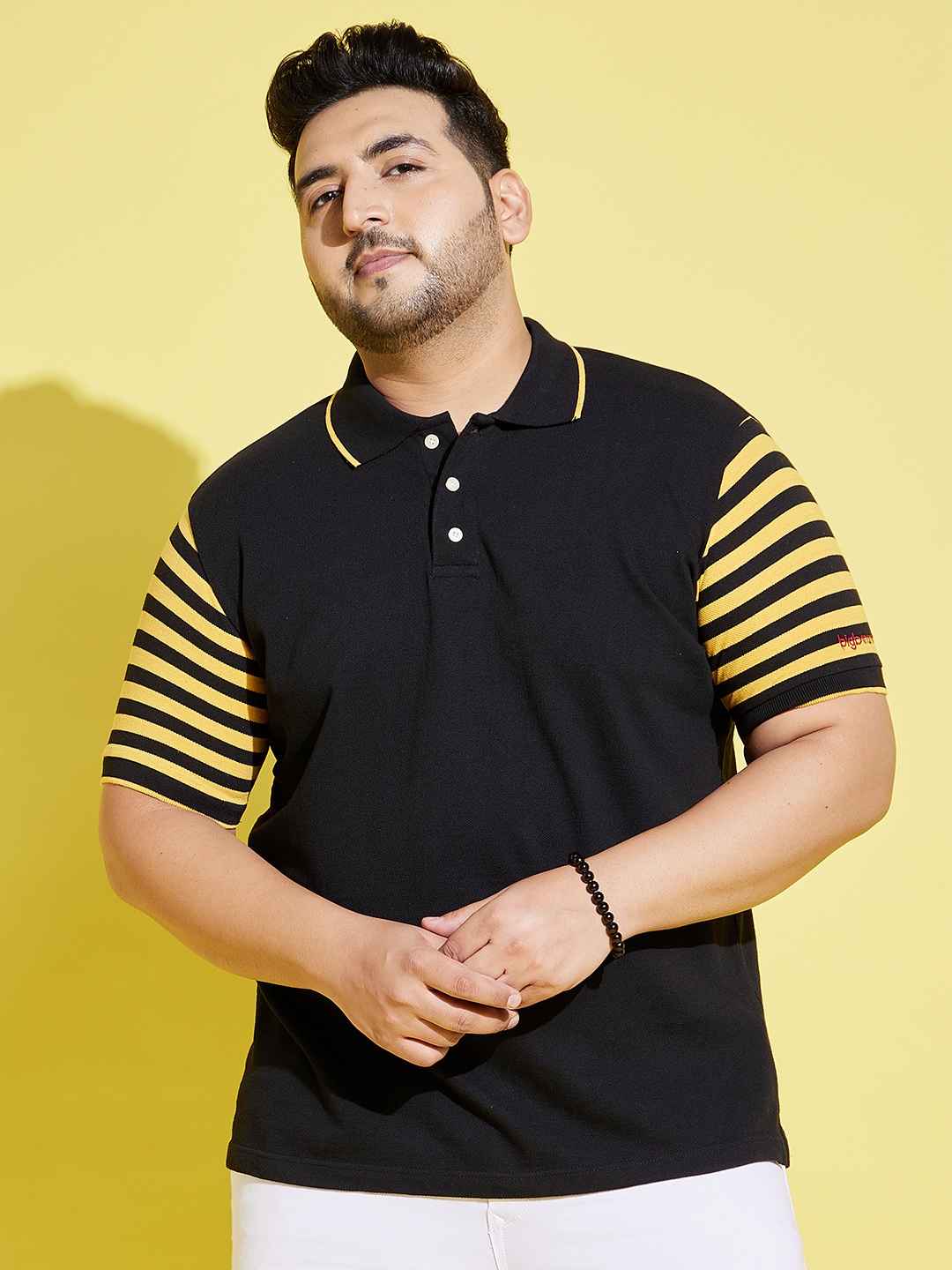 bigbanana Men Plus Size Black & Yellow Striped Polo Collar T-shirt