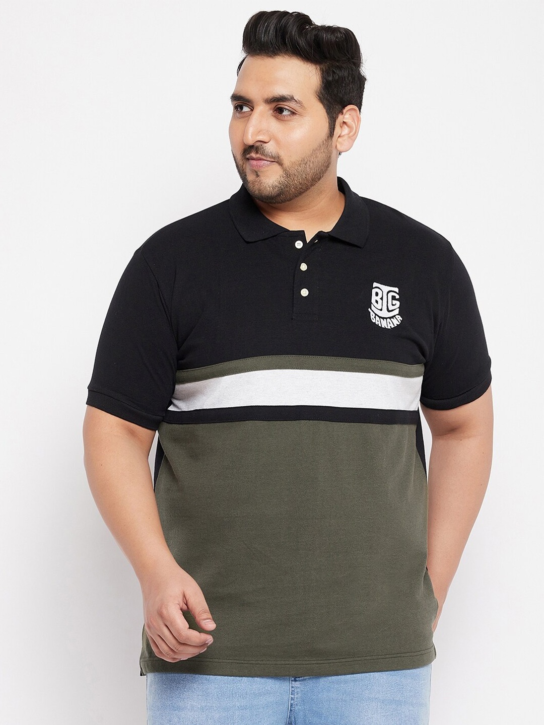 

bigbanana Men Plus Size Black & White Colourblocked Polo Collar T-shirt