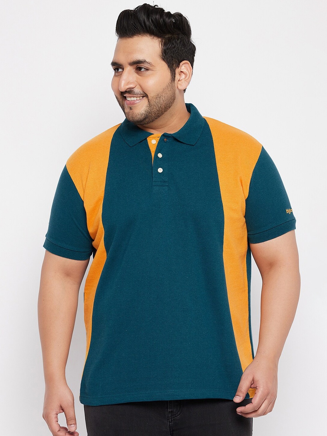 

bigbanana Men Plus Size Teal & Yellow Colourblocked Polo Collar T-shirt