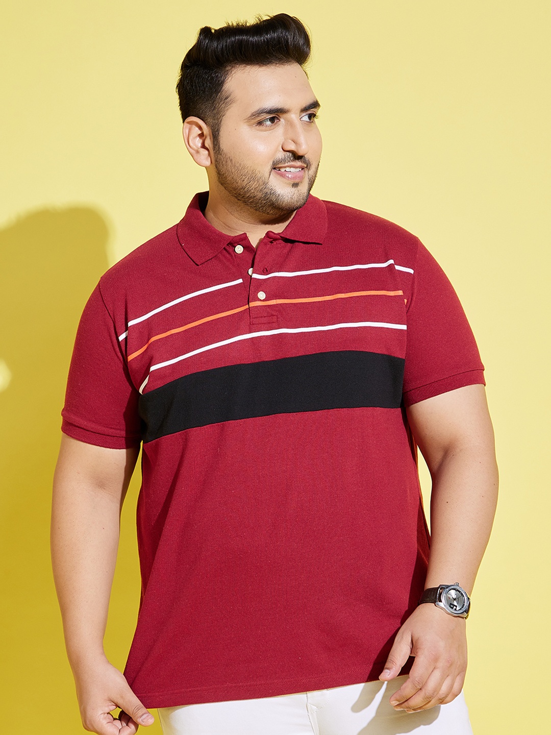 

bigbanana Plus Size Men Maroon & Black Striped Pure Cotton Polo Collar T-shirt