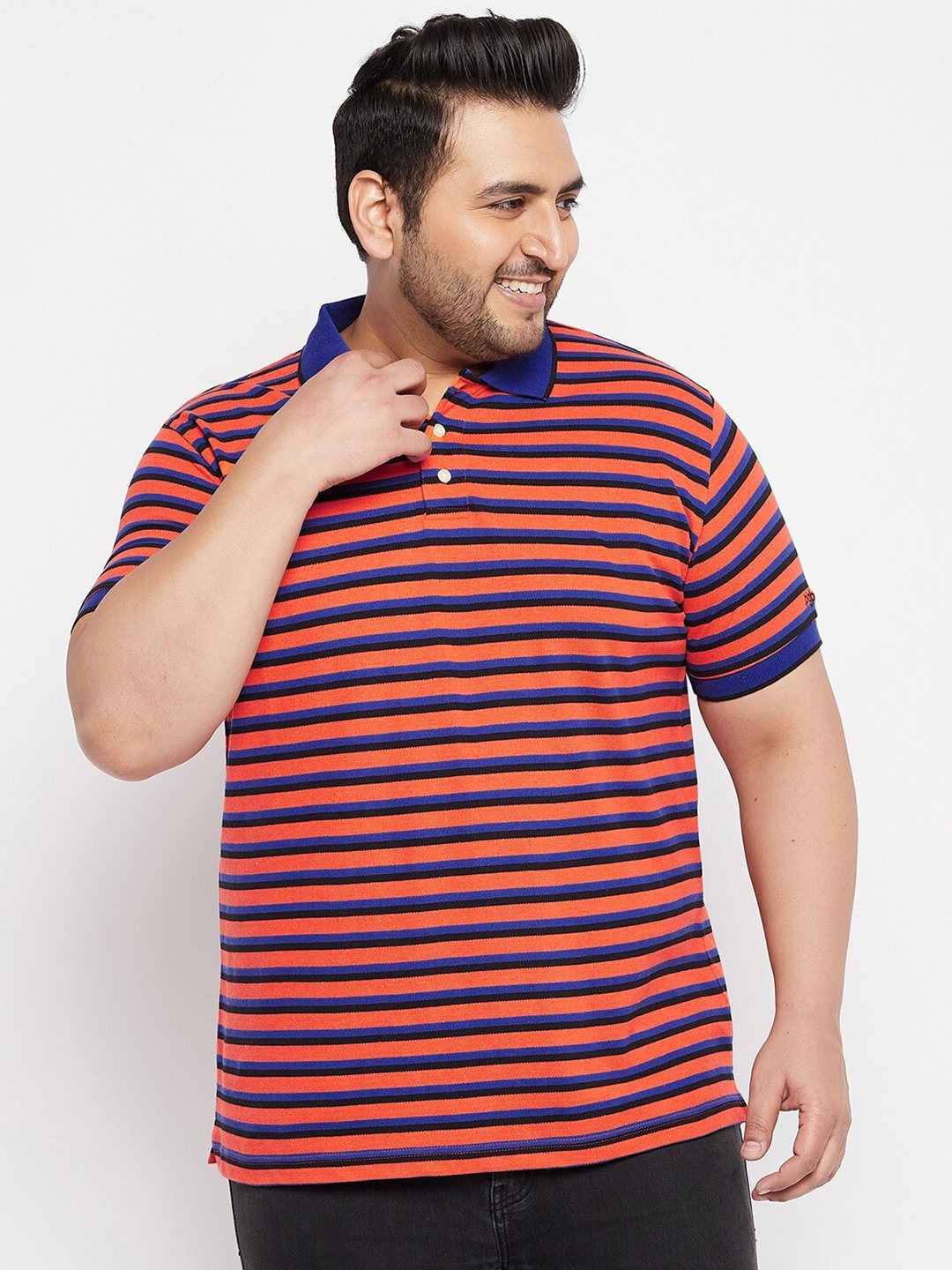 

bigbanana Men Plus Size Orange & Blue Striped Polo Collar T-shirt