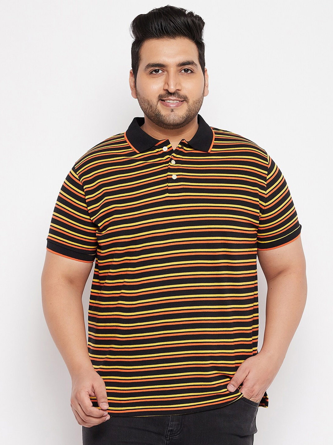 

bigbanana Men Plus Size Black & Orange Striped Polo Collar T-shirt