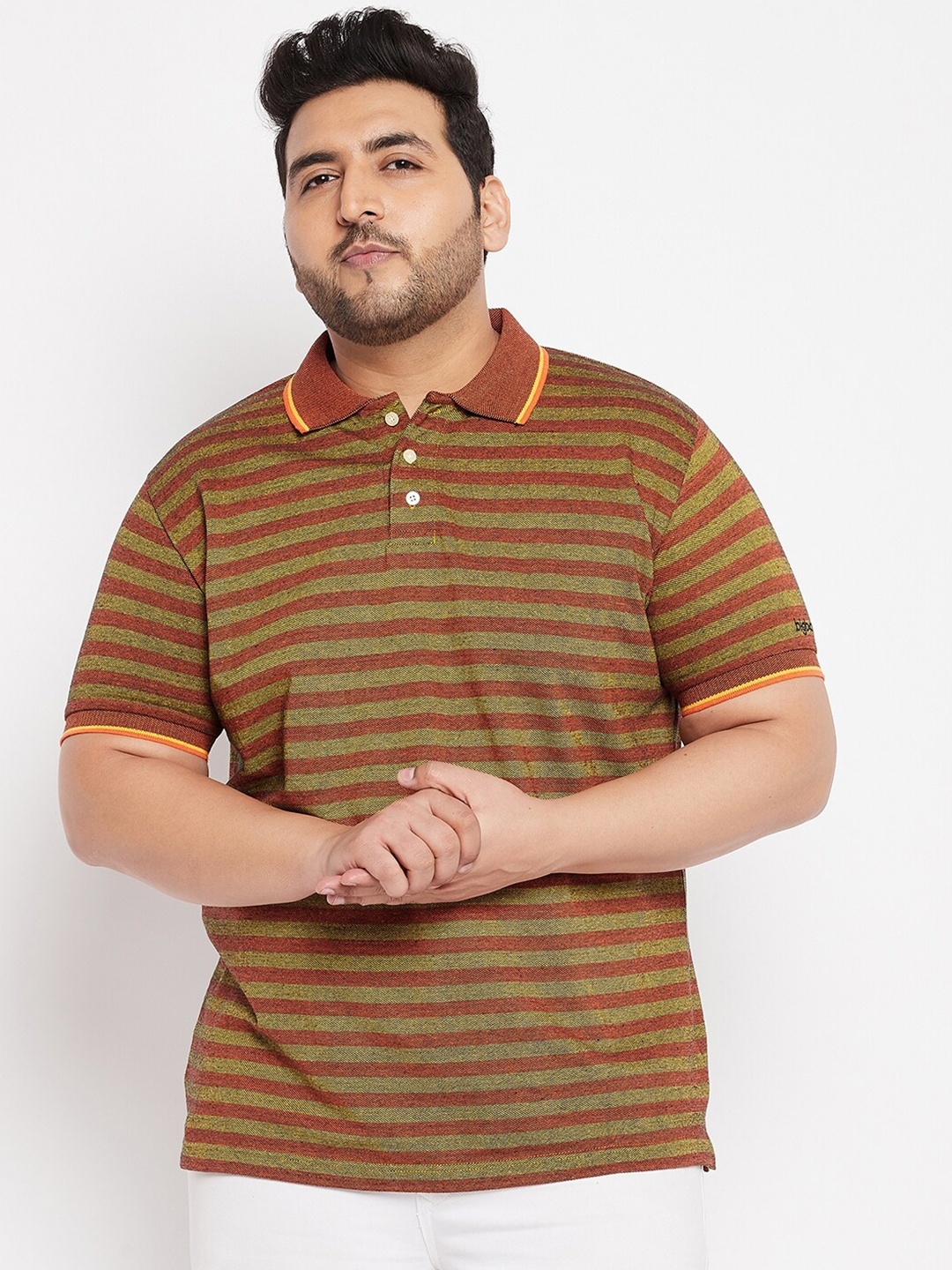 

bigbanana Plus Size Men Brown & Olive Green Striped Polo Collar Pure Cotton T-shirt