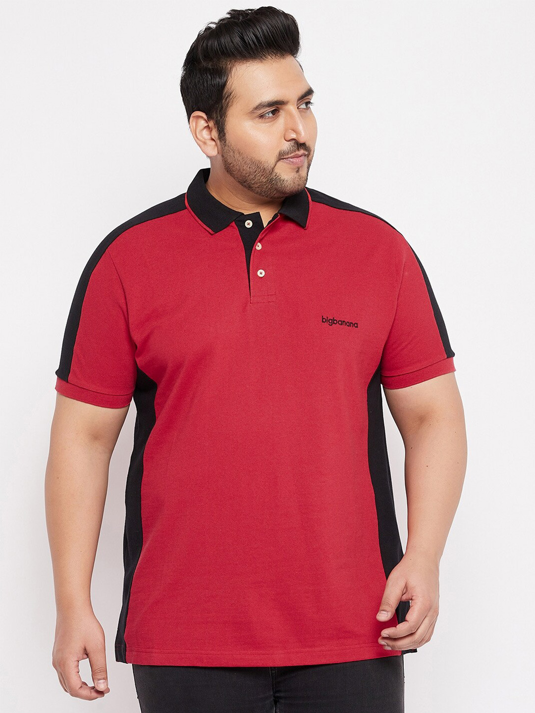 

bigbanana Plus Size Men Red & Black Colourblocked Polo Collar T-shirt
