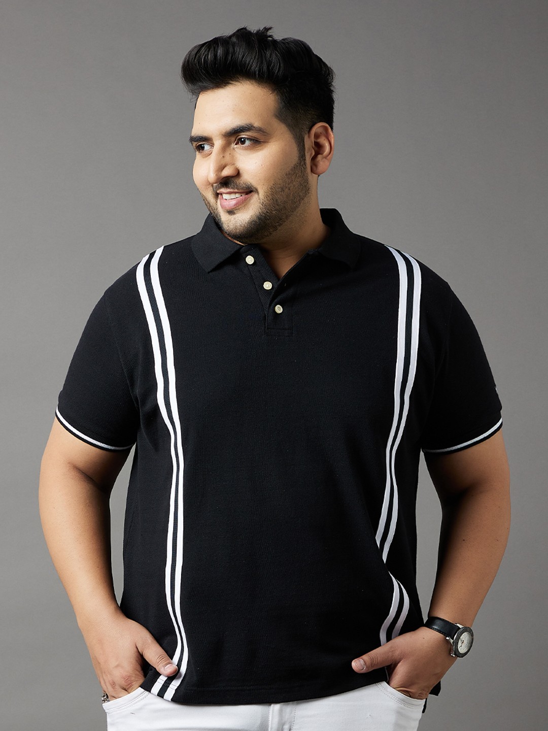 

bigbanana Plus Size Men Black & White Striped Polo Collar T-shirt