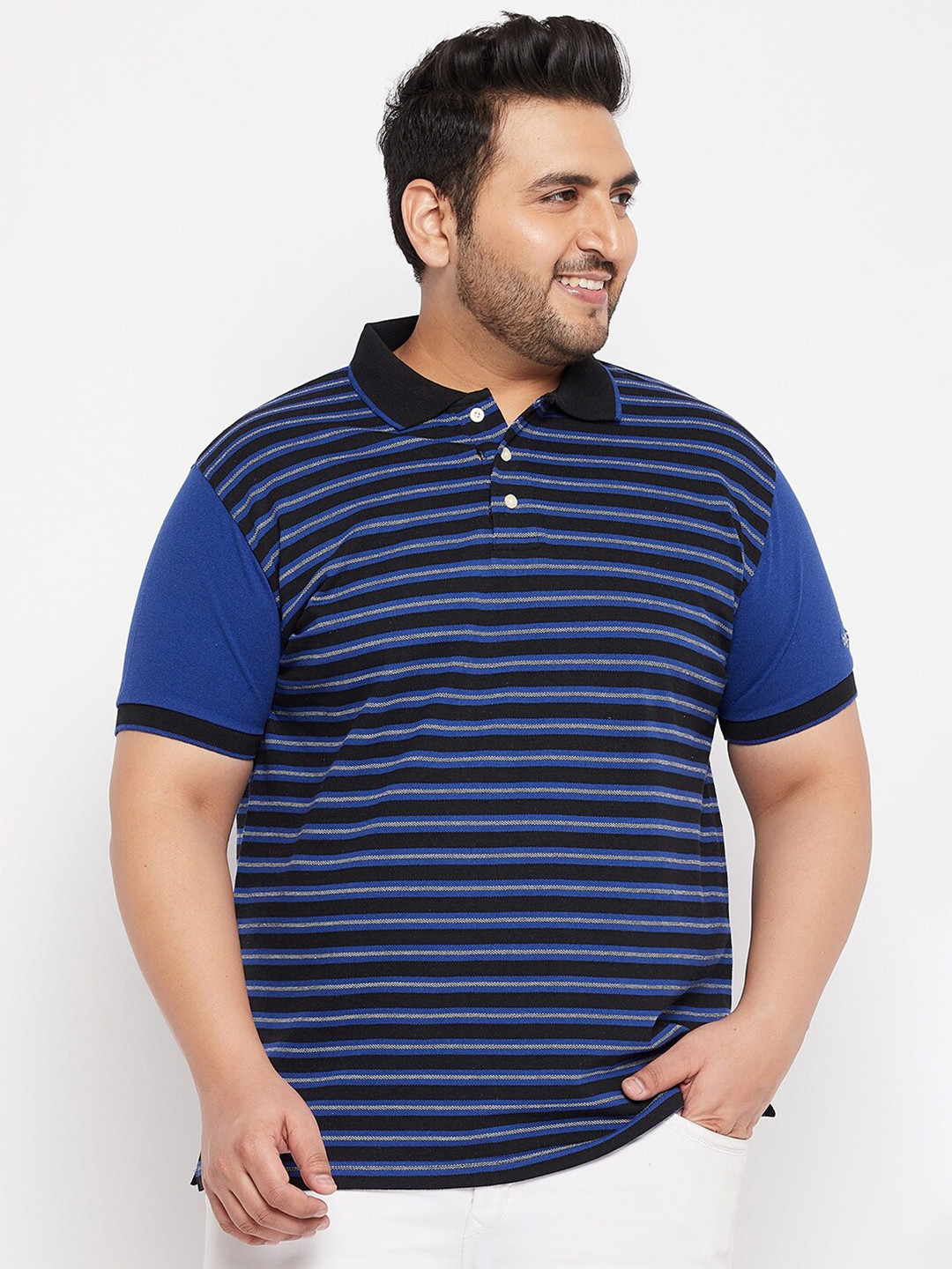 

bigbanana Men Plus Size Blue Striped Polo Collar T-shirt
