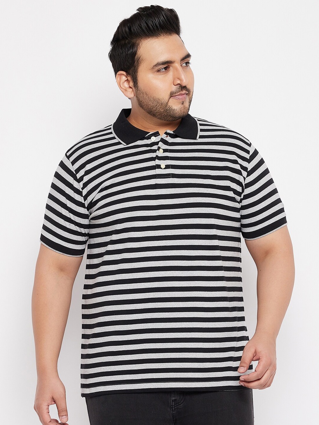 

bigbanana Men Plus Size Black & Grey Striped Cotton Polo Collar T-shirt