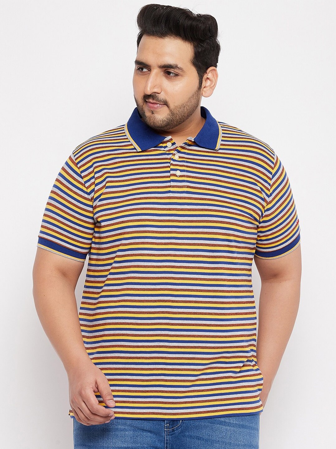 

bigbanana Plus Size Men Blue & Multicoloured Striped Polo Collar Pure Cotton T-shirt