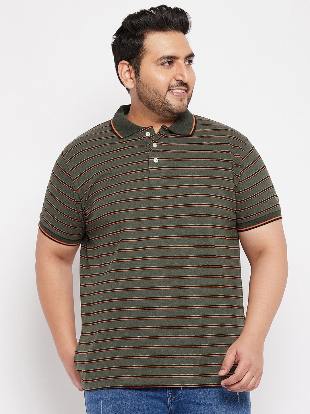 

Bigbanana Men Plus Size Olive Green Striped Polo Collar T-shirt