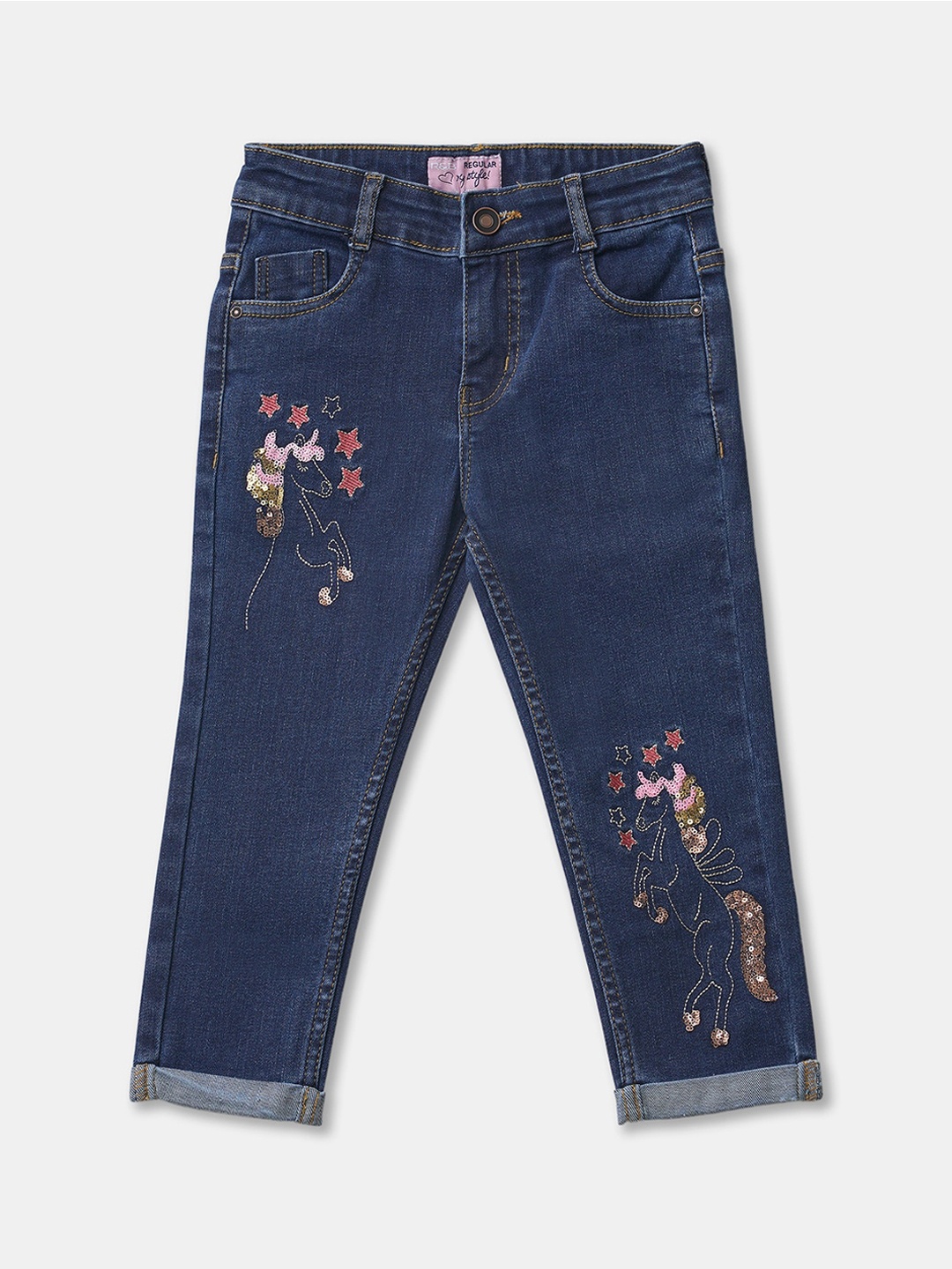

R&B Girls Blue Embroidered Low Distress Jeans