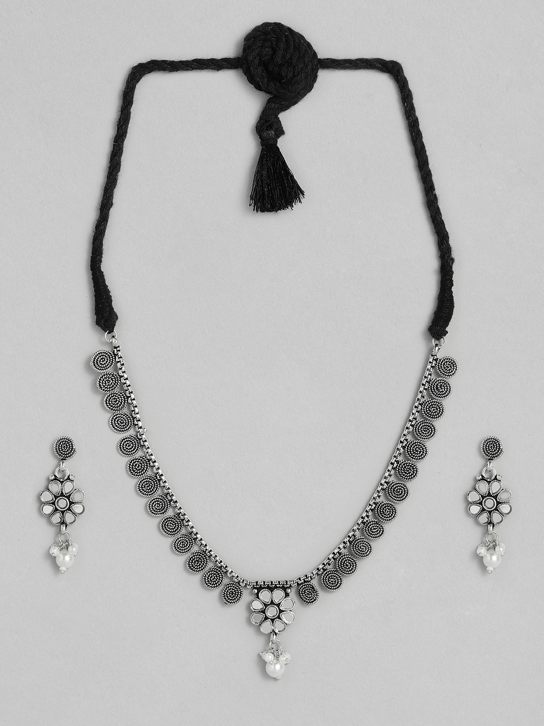 

Onaifa Sliver-Plated Black & White Stone Studded Jewellery Set, Silver
