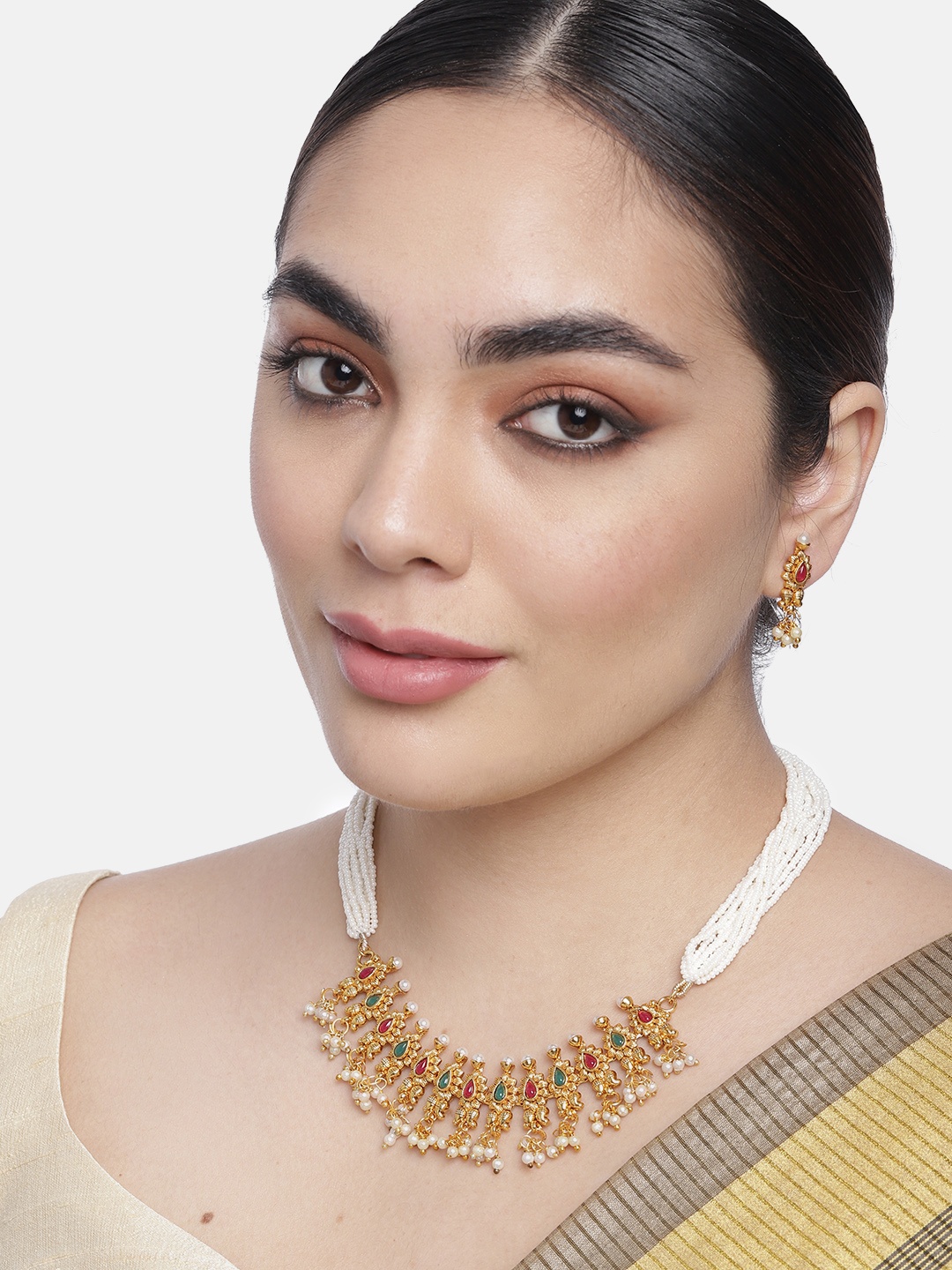 

Onaifa Gold-Plated Green & Pink Kundan Studded & Beaded Necklace with Earring