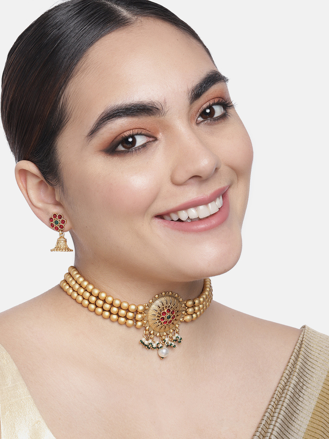 

Onaifa Gold-Plated Maroon & Green Stone-Studded Beaded Choker Necklace with Earrings