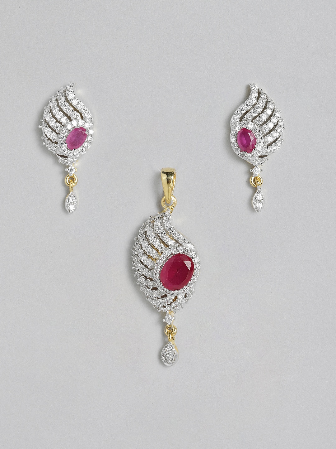 

Onaifa Gold Plated Pink & White AD Studded Pendant with Earrings Set