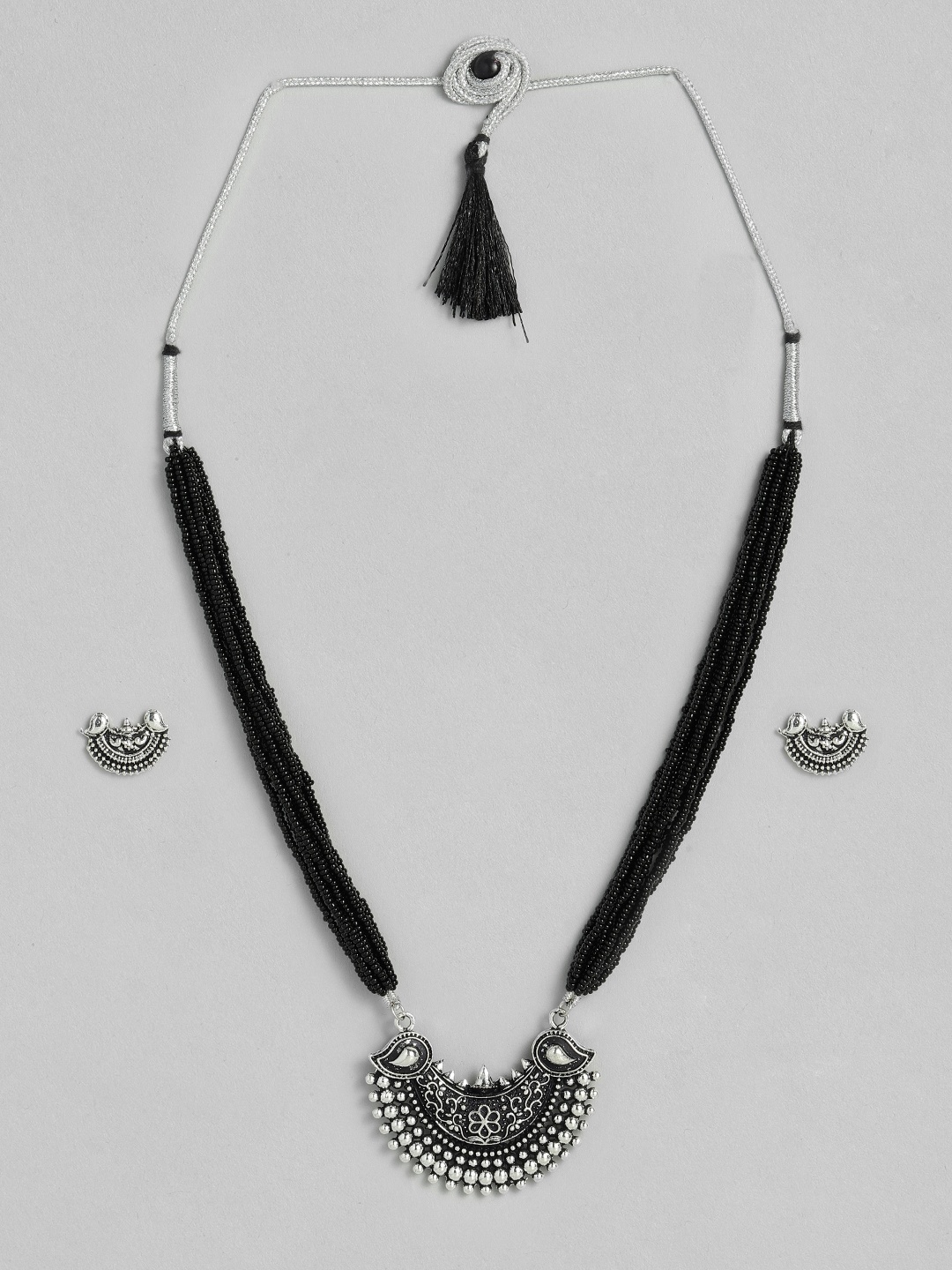 

Onaifa Women Silver-Plated Black Beaded Necklace with Earring Set
