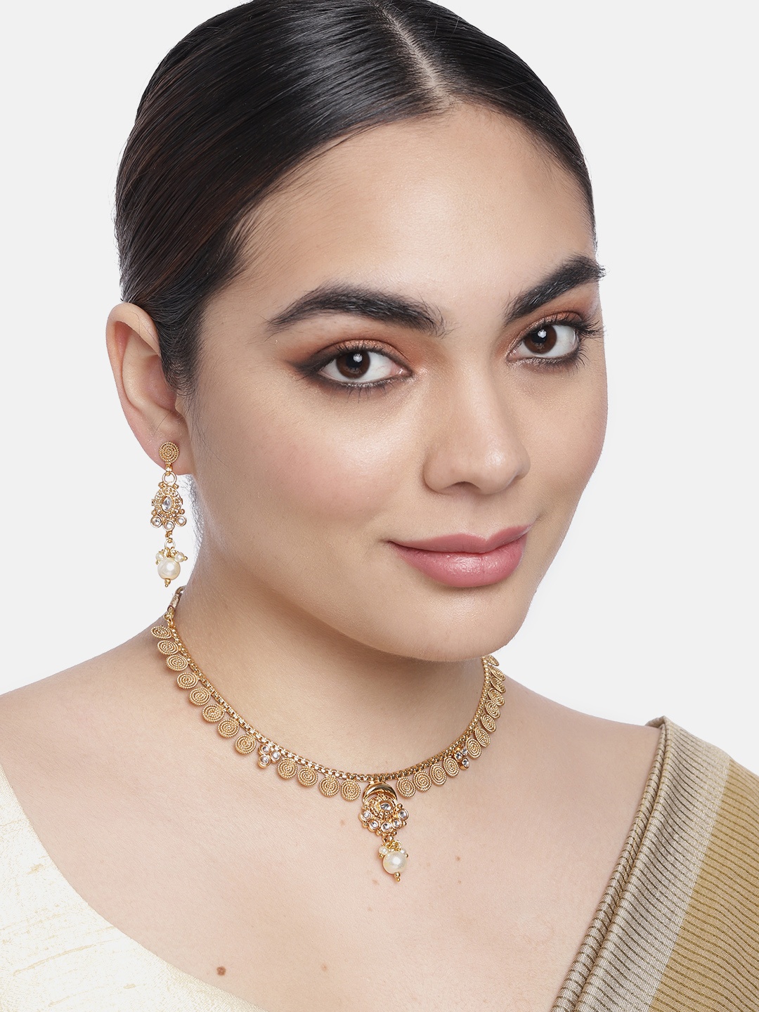 

Onaifa Gold-Plated White Stone Studded Necklace with Earring Set