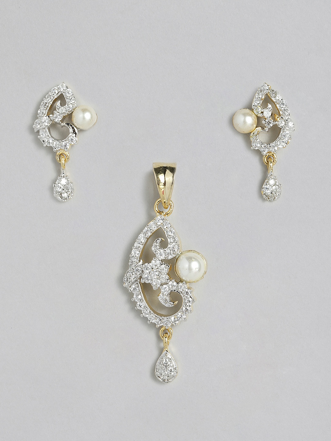 

Onaifa Gold-Plated White AD Studded Pendant with Earrings Set