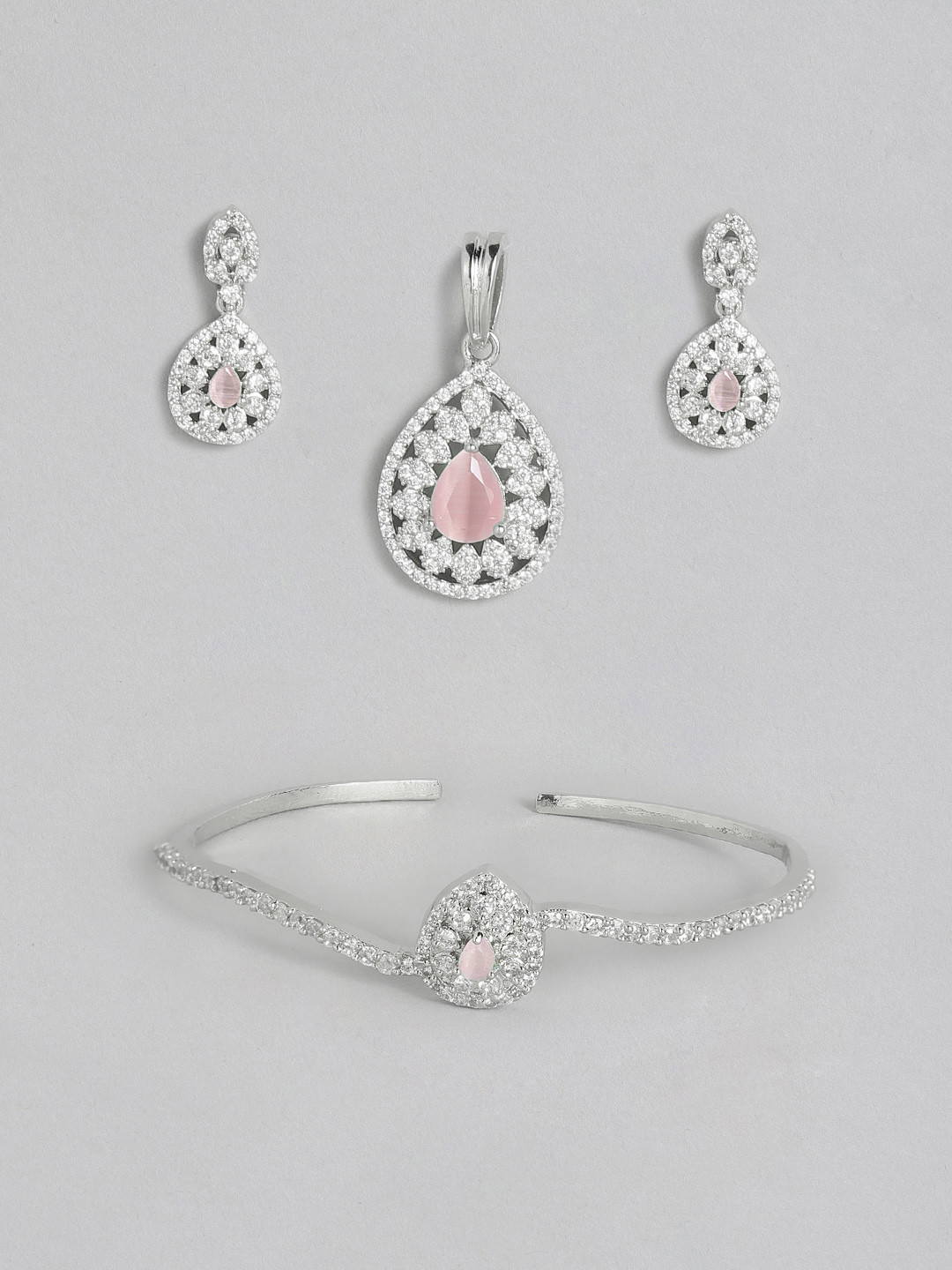 

Onaifa Sliver-Plated Pink AD Studded Pendant with Earrings & Bracelet Set, Silver