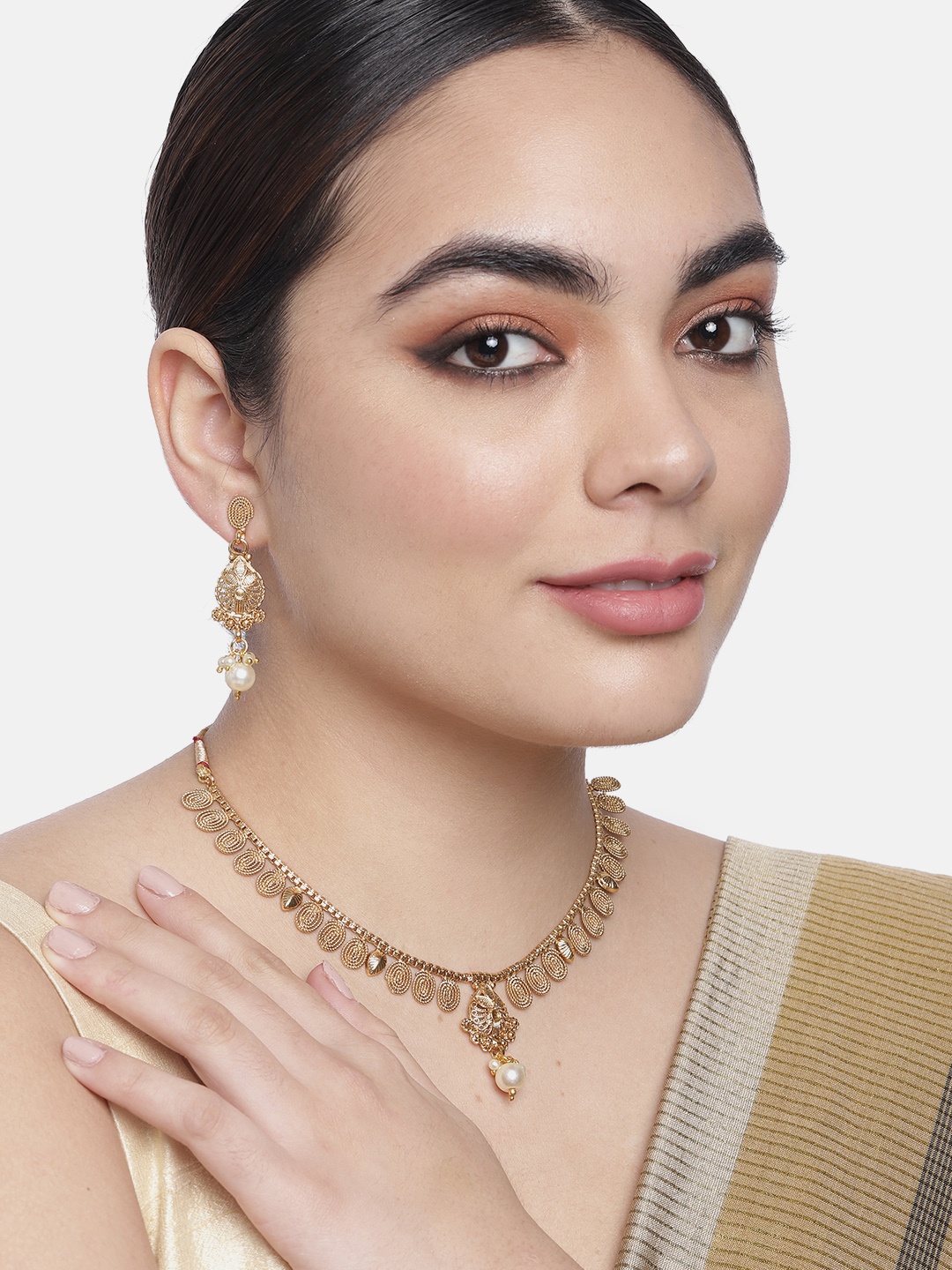 

Onaifa Gold-Plated White Stone Studded Necklace with Earring Set