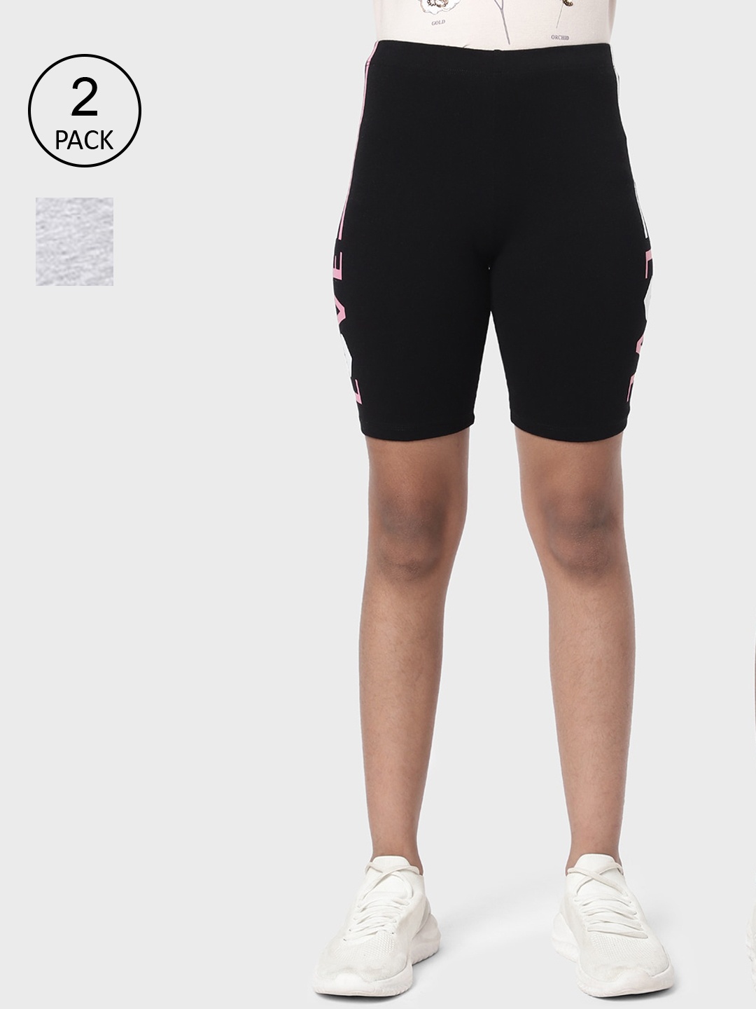 

R&B Girls Pack of 2 Solid High-Rise Cotton Sports Shorts, Grey