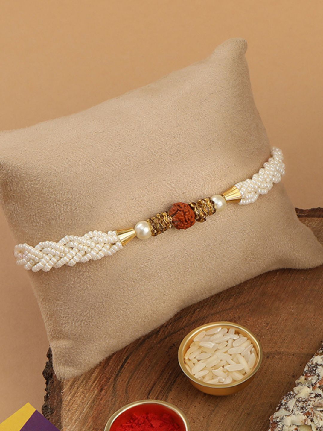 

AccessHer White & Brown Rudraksh Beaded Rakhi With Greeting Card