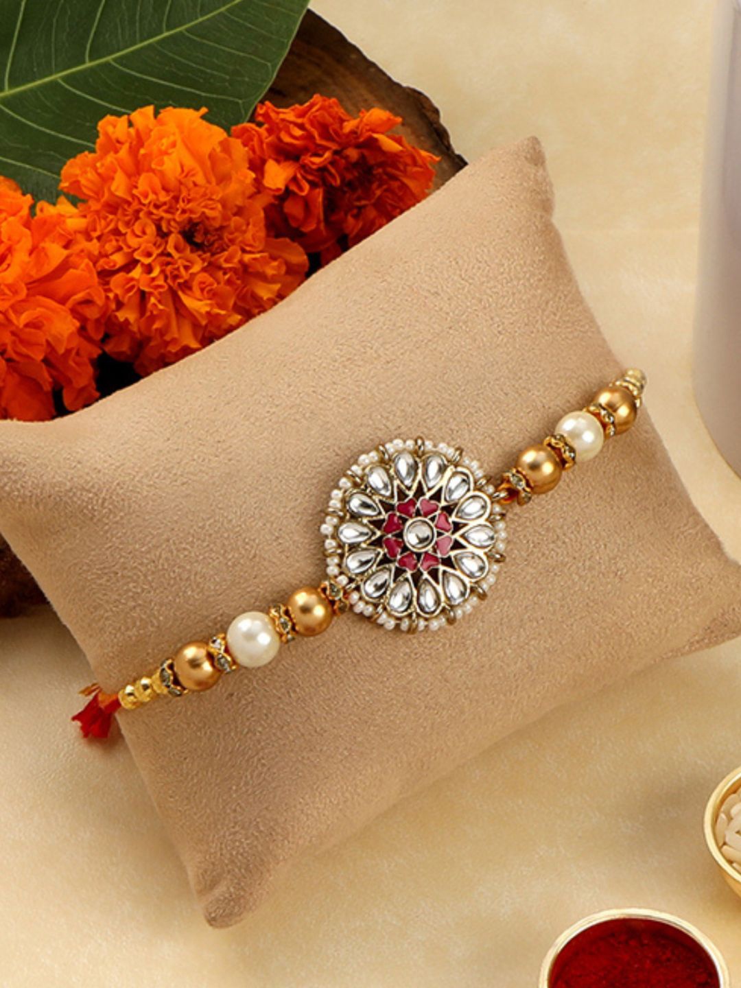 

AccessHer Gold & White Kundan Beaded Thread Rakhi