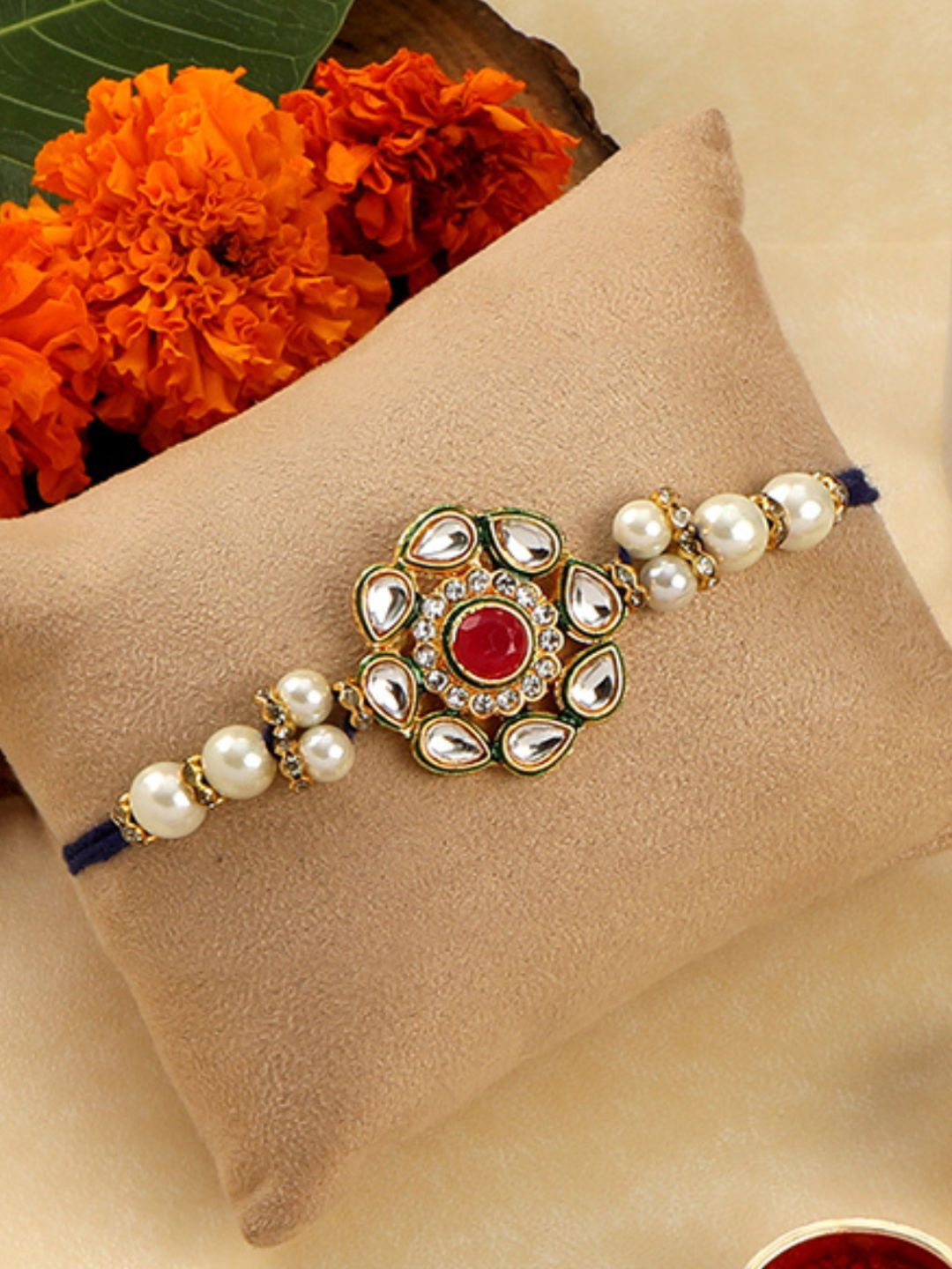 

AccessHer Red & Gold-Toned Stone-Studded Kundan Rakhi Set