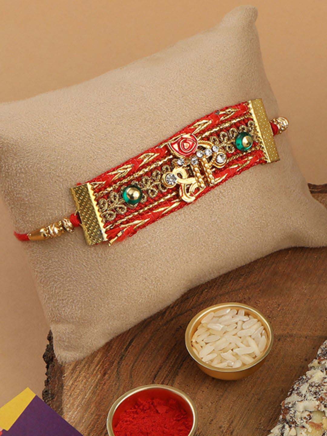 

AccessHer Red & Gold-Toned Sri Stone-Studded Thread Rakhi