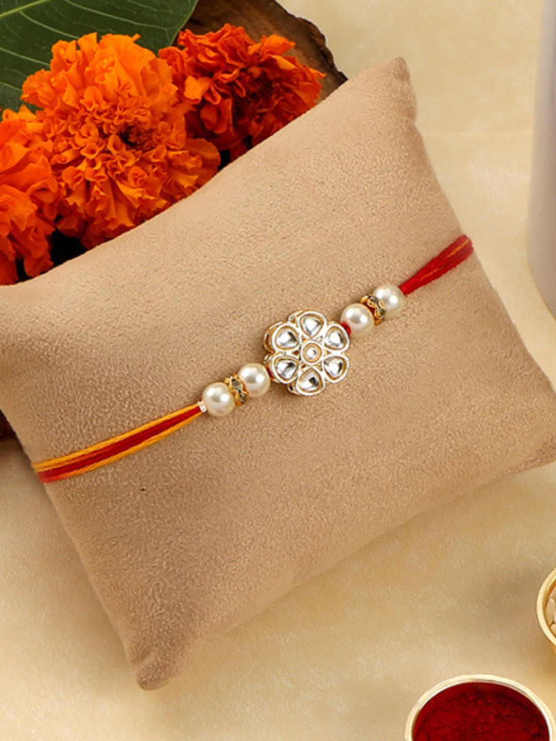 

AccessHer White & Red Kundan Studded Rakhi Set