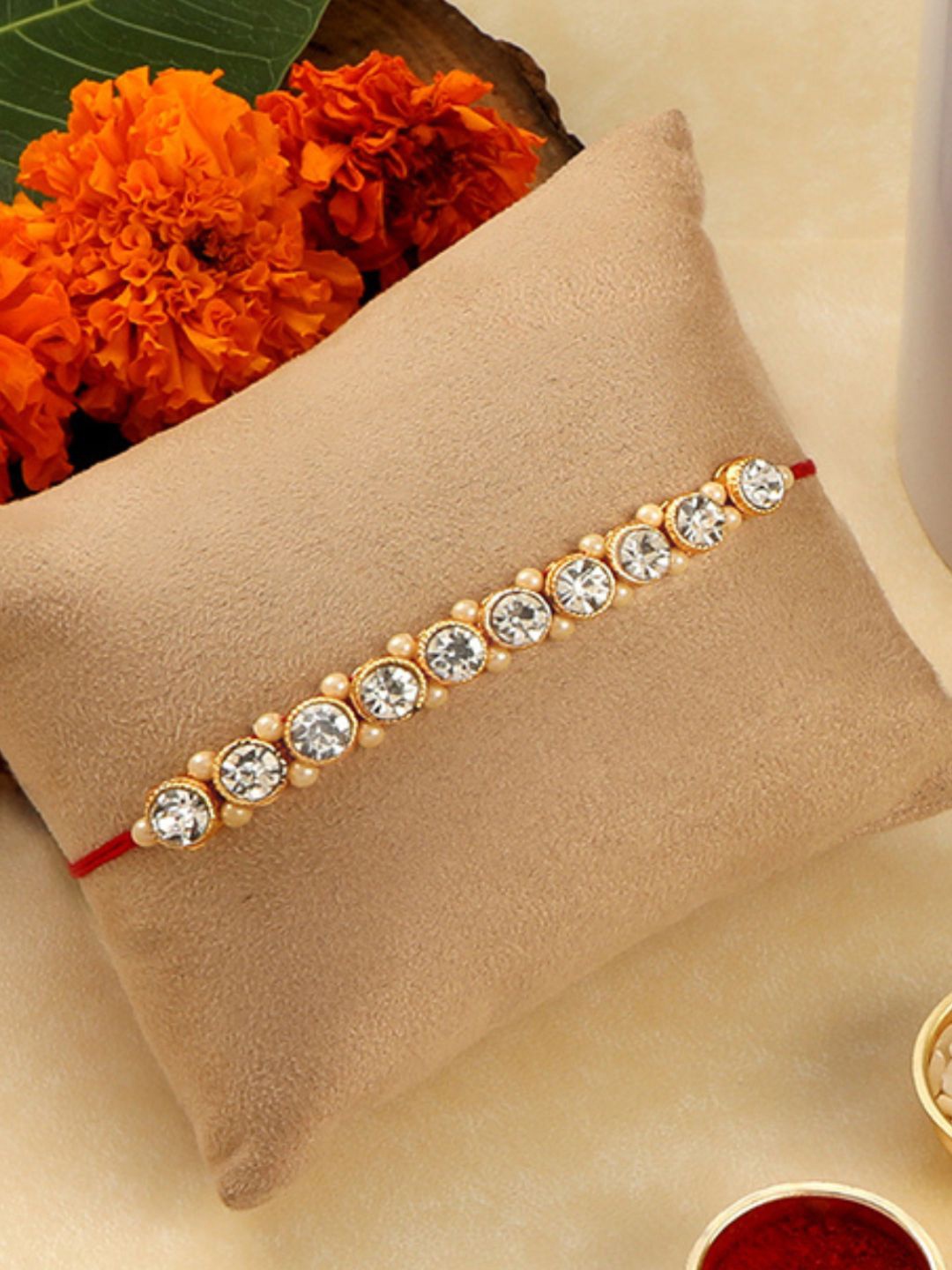 

AccessHer Red & Gold-Toned Rhinestones Studded Thread Rakhi