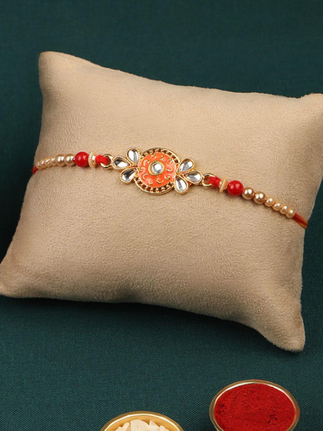 

AccessHer Red & Orange Studded Thread Rakhi