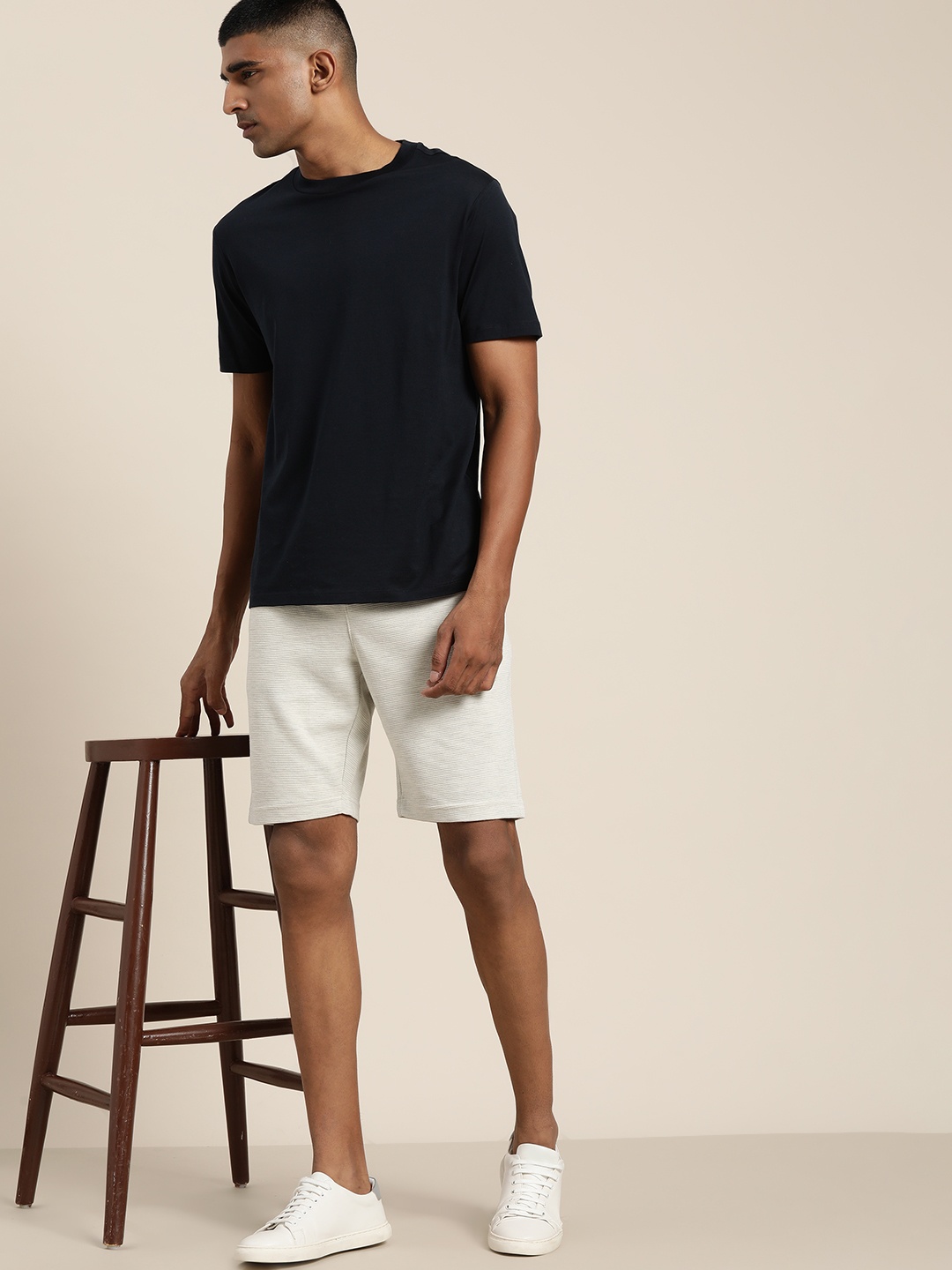 

ether Men Grey Self-Striped Shorts